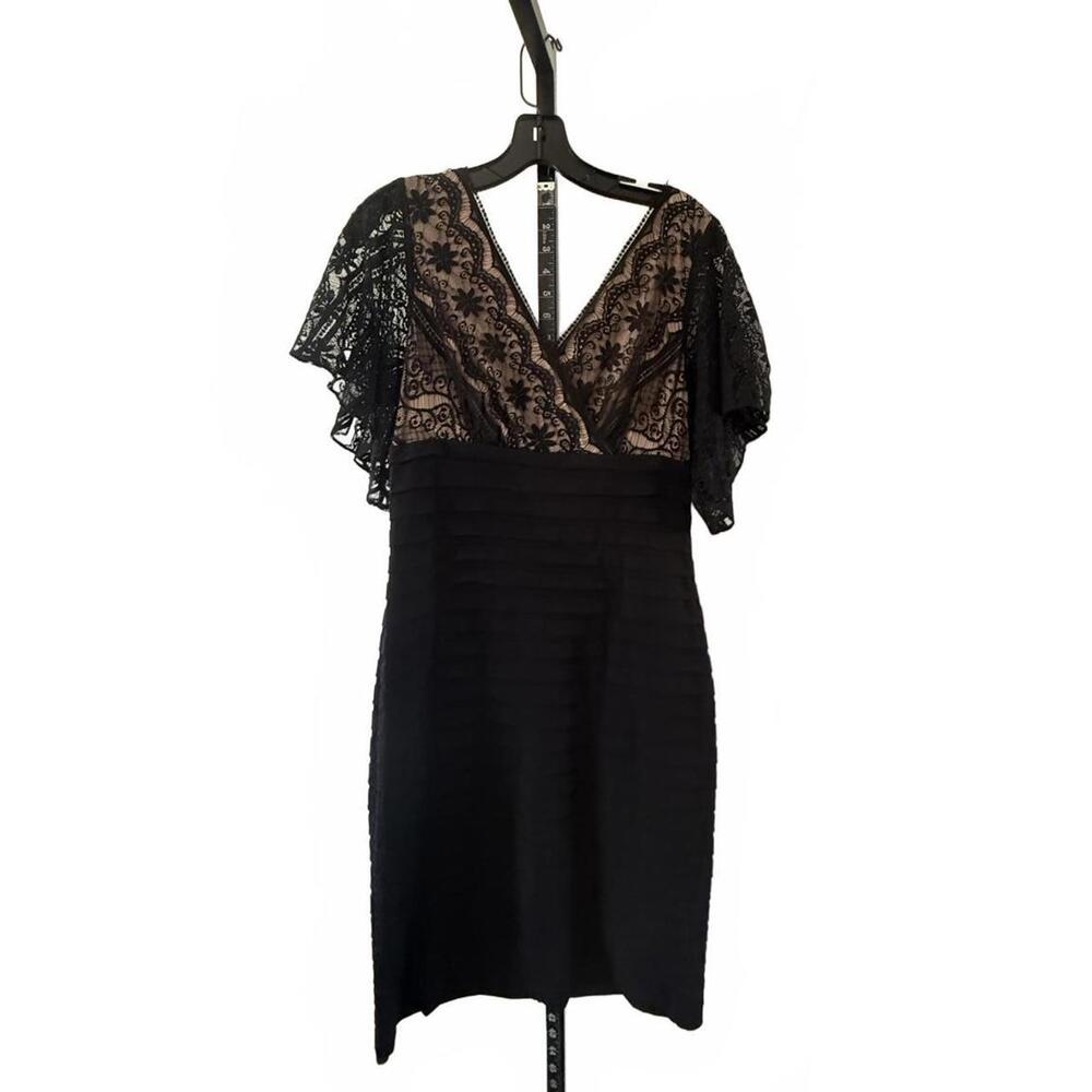 Adrianna Papell Black Lace Midi Dress with Sheer Floral Sleeves